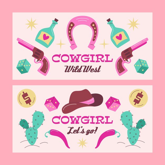 Vector hand drawn flat cowgirl horizontal banner template set