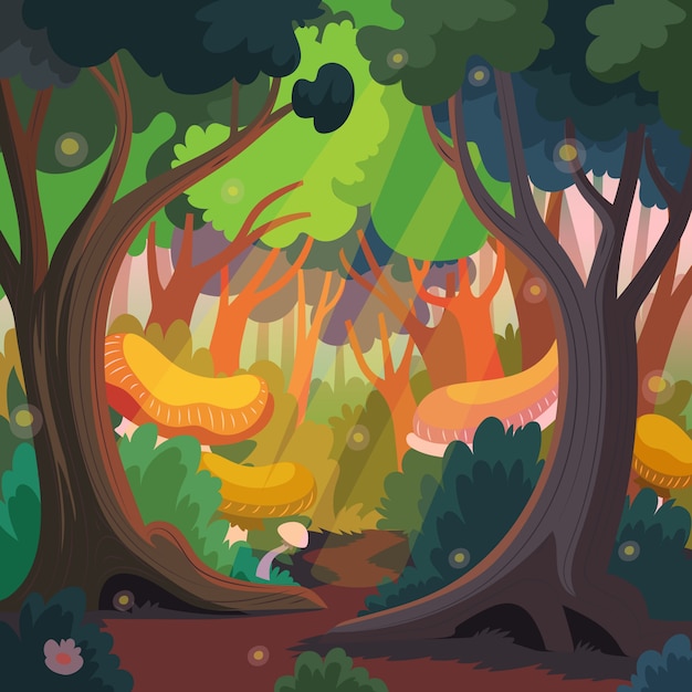 Vector hand drawn flat design enchanted forest illustration