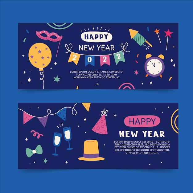 Hand drawn flat happy new year 2022 banners set