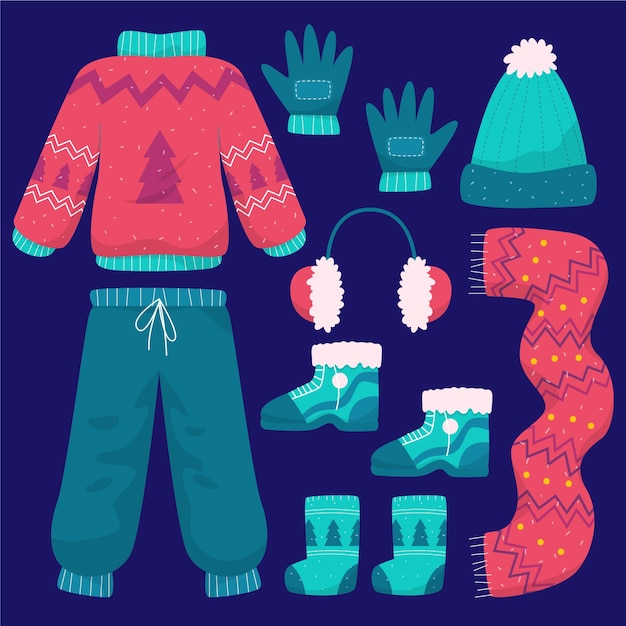 Vector hand drawn flat winter clothes and essentials collection