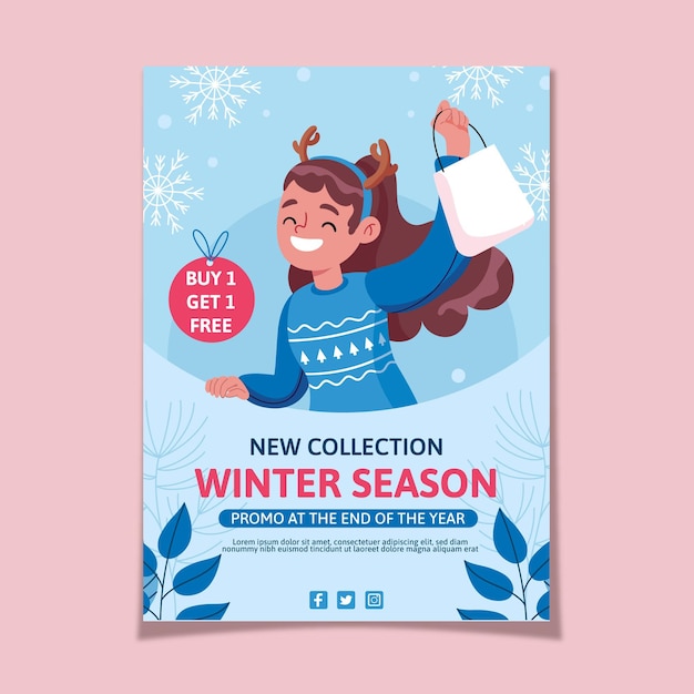 Hand drawn flat winter sale vertical poster template