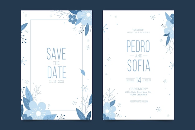 Hand drawn flat winter wedding invitation template