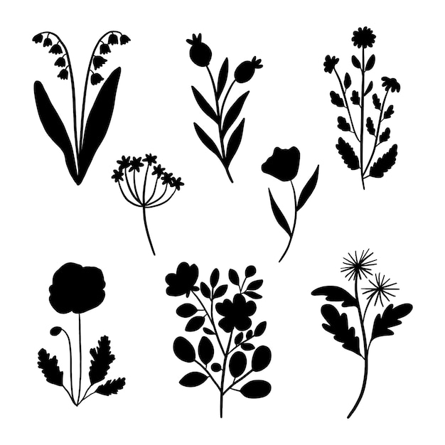 Hand drawn flower silhouette set