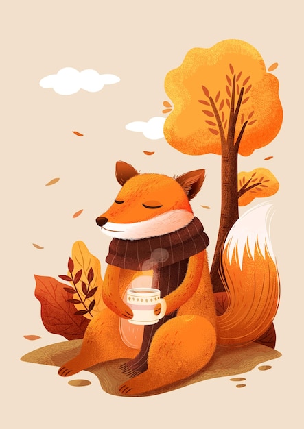 Hand drawn fox illustration with a cup of tea in autumn