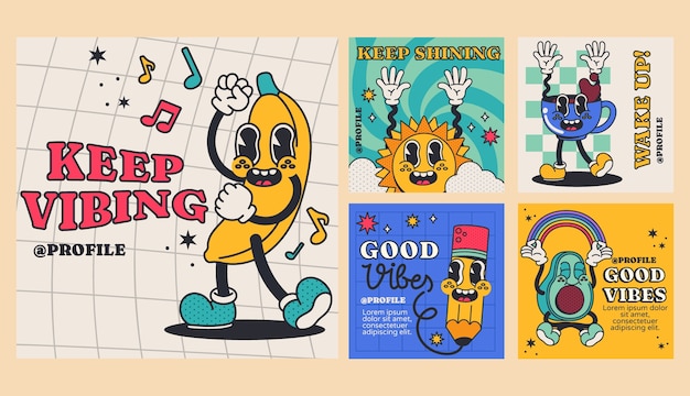 Vector hand drawn good vibes cartoon instagram posts collection