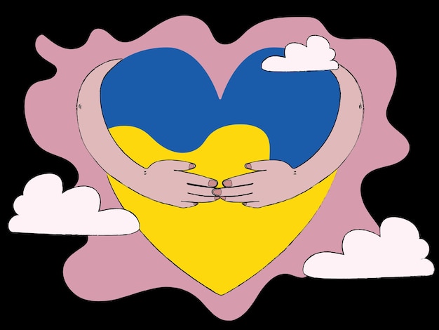 Hand drawn human hands embracing Ukraine heartshape flag Pray for peace in Ukraine Stop war in Ukraine Flat vector illustration background