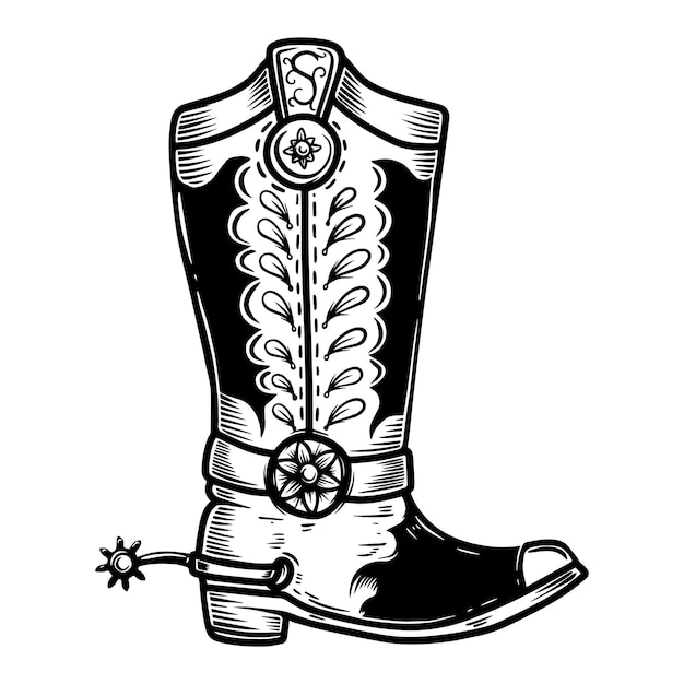 Vector hand drawn illustration of cowboy boot isolated on white background. design element for poster, card, banner, t shirt, emblem, sign. vector illustration