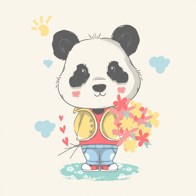 hand drawn illustration of a cute baby panda with flowers.