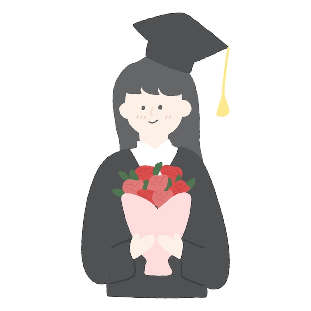 Hand drawn illustration of a graduate with bouquet