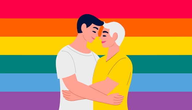 Vector hand drawn illustration homosexual couple gently cuddling on rainbow flag