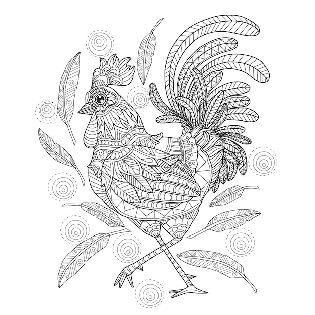 Hand drawn illustration of rooster in zentangle style 