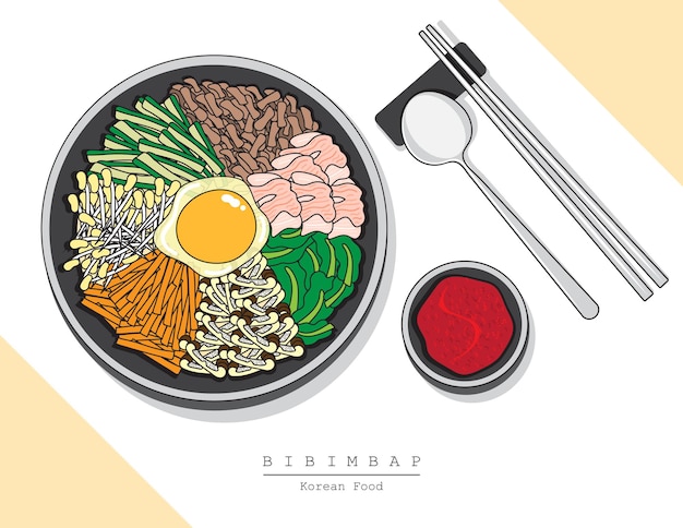 Vector hand drawn illustration of served korean rice bibimbap bowl with spoon and chopsticks on table