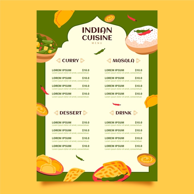 Hand drawn indian menu design template