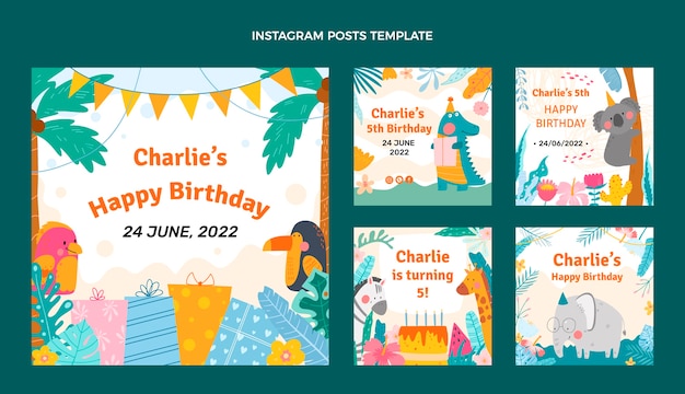 Vector hand drawn jungle birthday instagram posts