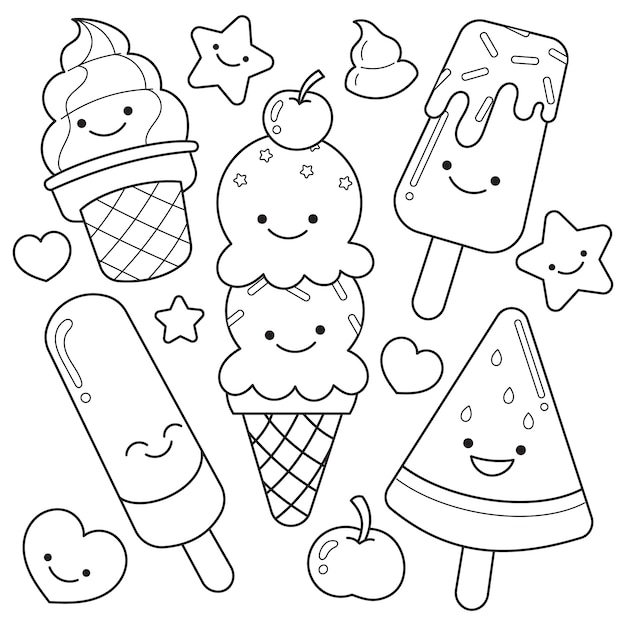 Hand drawn kawaii coloring book illustration