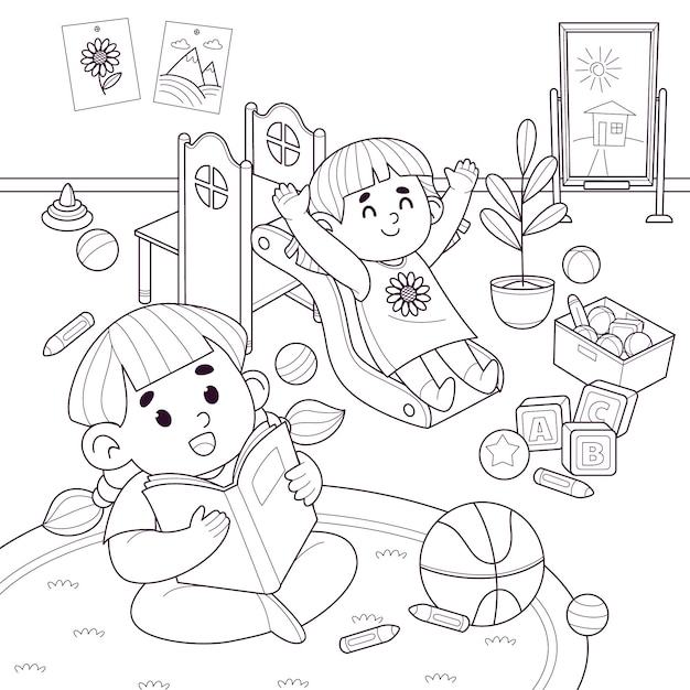 Hand drawn kindergarten coloring page illustration