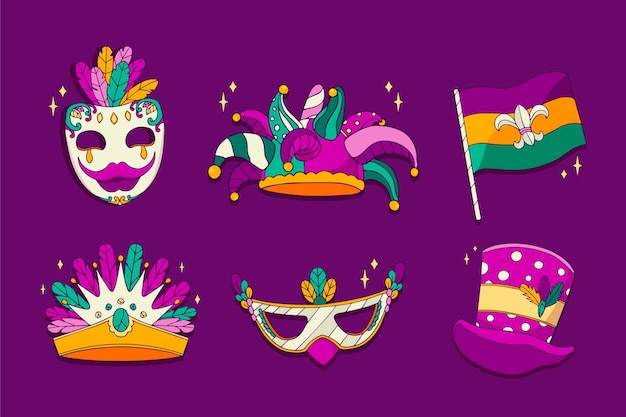 Hand drawn mardi gras elements collection