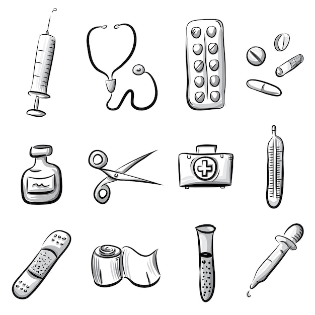 Hand drawn medical healthcare and medicine doodle icons vector illustration set