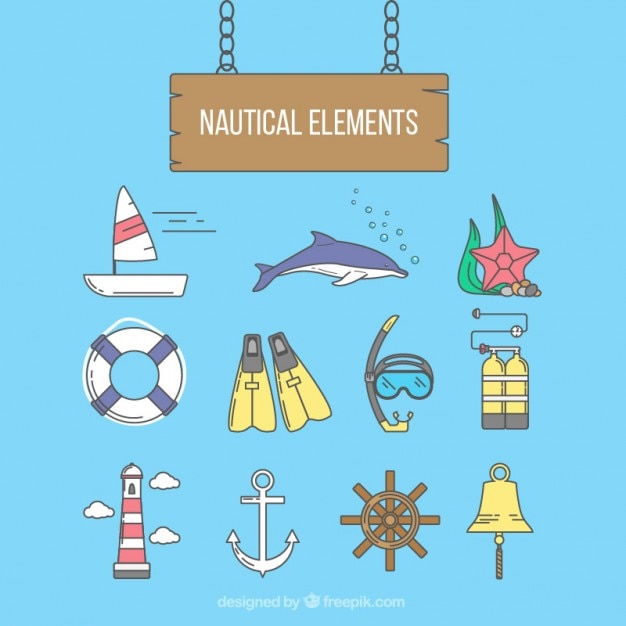 Vector hand drawn nautical accessories and dolphin