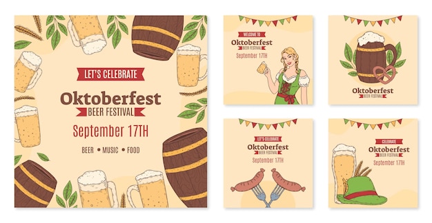 Hand drawn oktoberfest instagram posts collection