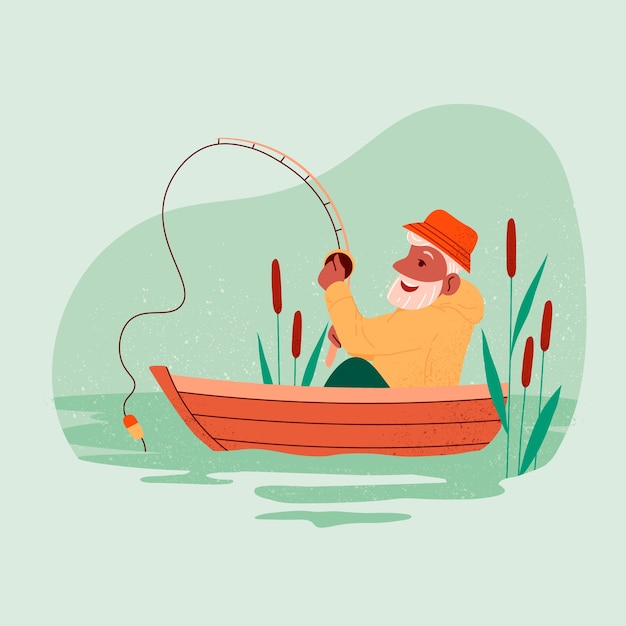 Hand drawn old man fishing on boat