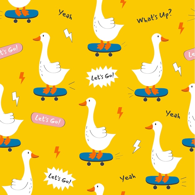 Vector hand drawn pattern with cute cartoon goose, skate. illustration in hand drawn style for kids