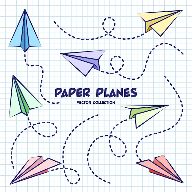 Hand drawn planes on checkered paper sheet school notebook for drawing doodle airplane dotted route