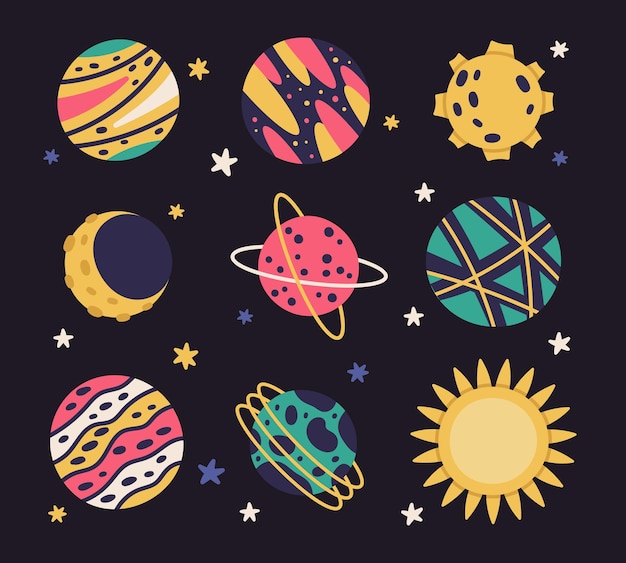 Vector hand drawn planets space cosmic bodies sun moon and pluto flat vector illustration set doodle galaxy cosmic elements