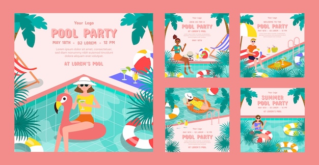 Vector hand drawn pool party instagram posts