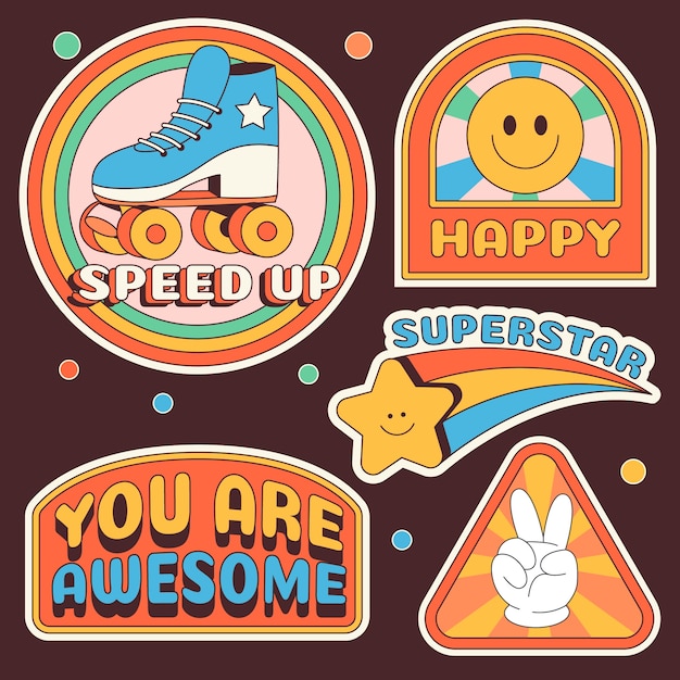 Vector hand drawn retro 70's sticker set