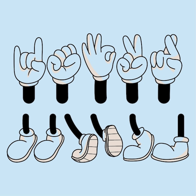 Vector hand drawn retro cartoon hand feet illustration