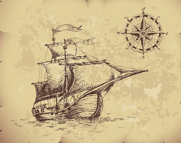 Hand drawn sailboat and compass on old paper.