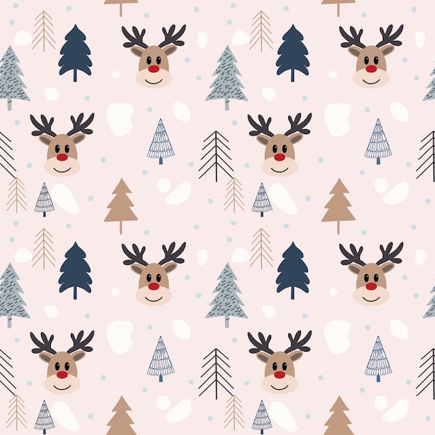 Hand drawn seamless christmas pattern with deer. use as fabric, wrapping background, card, etc