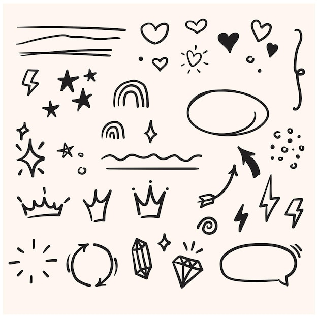 Vector hand drawn set elements black on white background arrow heart love star leaf sun light flow