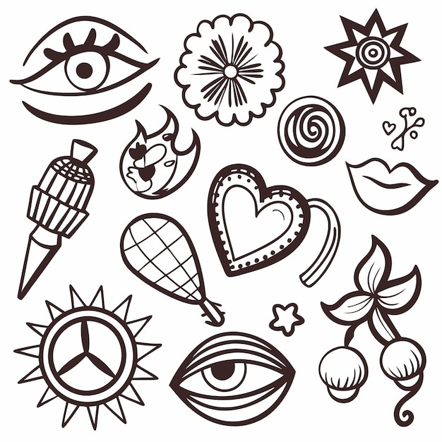 Vector hand drawn set of eye heart flower lips and other doodle elements