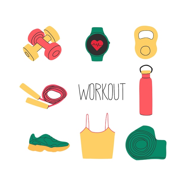 hand drawn set of fitness items in flat style