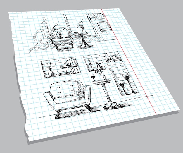 Vector hand drawn sketch of the interior on a notebook sheet linear sketch of an interior room plan hand drawn vector illustration of a sketch style