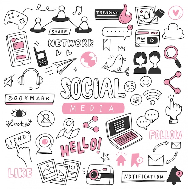 Hand drawn social media doodle set