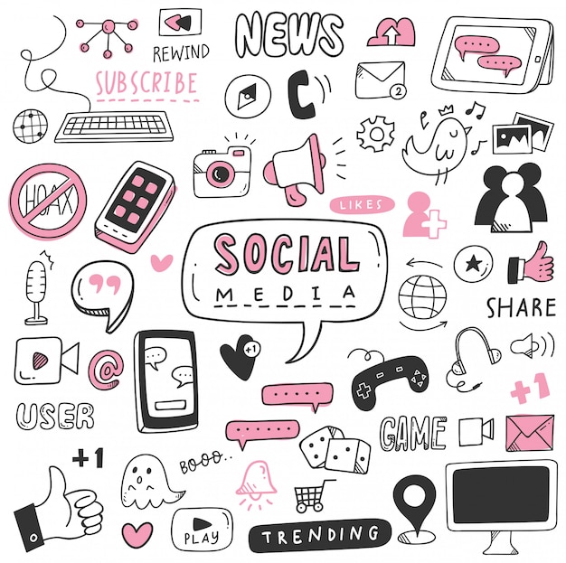 Hand drawn social media doodle set