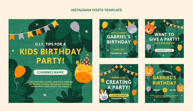 Vector hand drawn texture jungle birthday party instagram posts