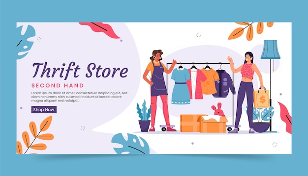 Vector hand drawn thrift store horizontal banner