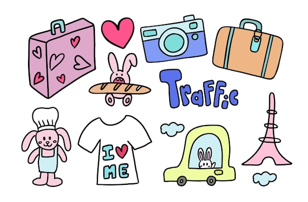 Vector hand drawn travel illustrations such as luggage bag camera souvenir car eiffel tower bunny doll