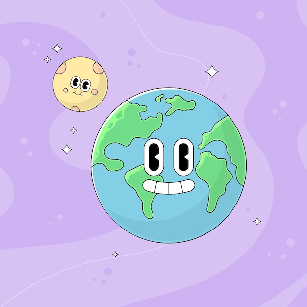 Vector hand drawn trendy cartoon earth and moon