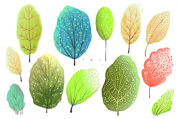 Hand drawn watercolor style set of abstract Trees, or leaves. Vector cartoon.