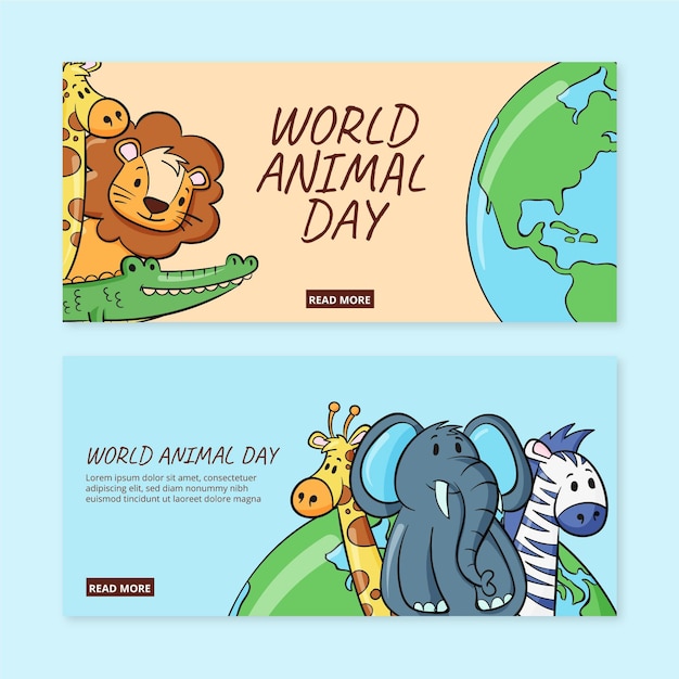 Hand drawn world animal day horizontal banners set