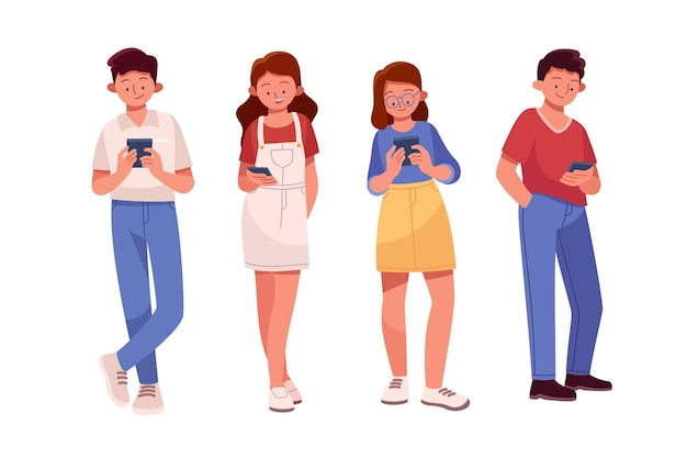 Vector hand drawn young people using smartphones