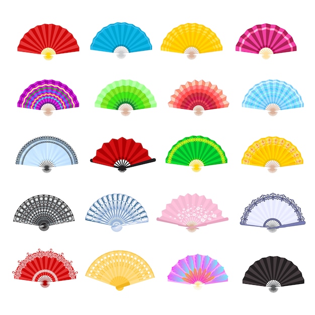 Hand fan vector traditional Japanese accessory and Chinese decoration folding handheld-fan illustration set