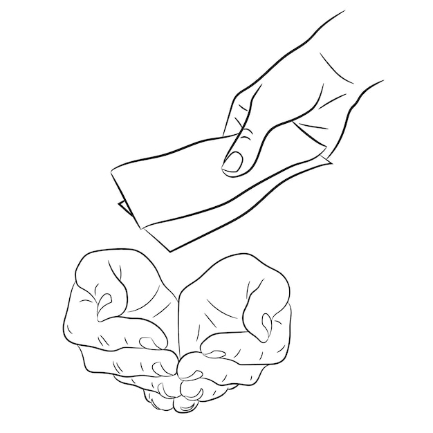 Hand, giving and taking money banknotes of monochrome vector illustration