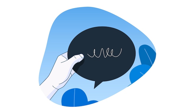 Hand holding a chat bubble Communication concept Outline cartoon style