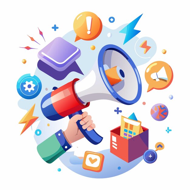 Vector hand holding a megaphone with colorful icons around it conceptual illustration of marketing and advertising